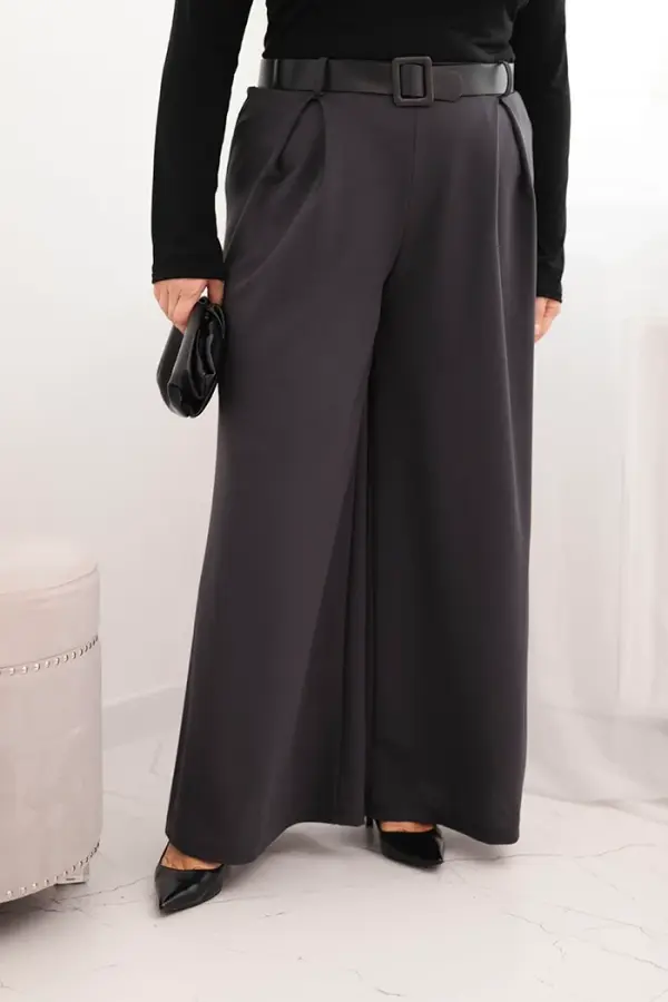 Kesi Włoski Kesi Włoski Plus Size women's pants with wide legs and a belt graphite