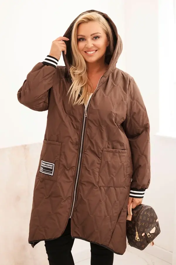 Kesi Włoski Kesi Włoski Plus Size women's quilted jacket with a hood and sporty cuffs chocolate