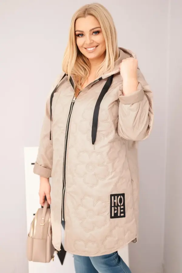 Kesi Włoski Kesi Włoski Plus Size women's quilted jacket with a hood and the inscription HOPE dark beige