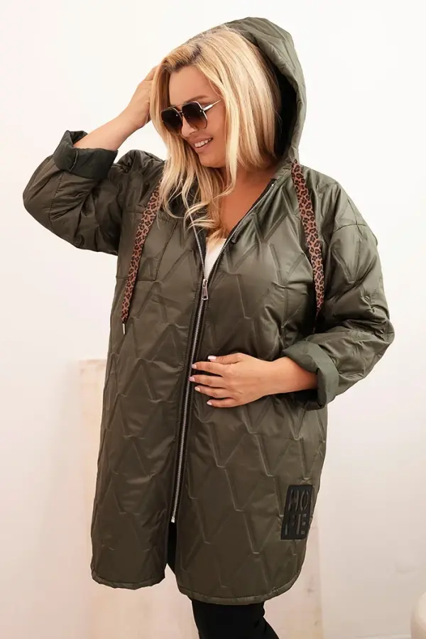 Kesi Włoski Kesi Włoski Plus Size women's quilted jacket with a hood and the inscription HOPE khaki