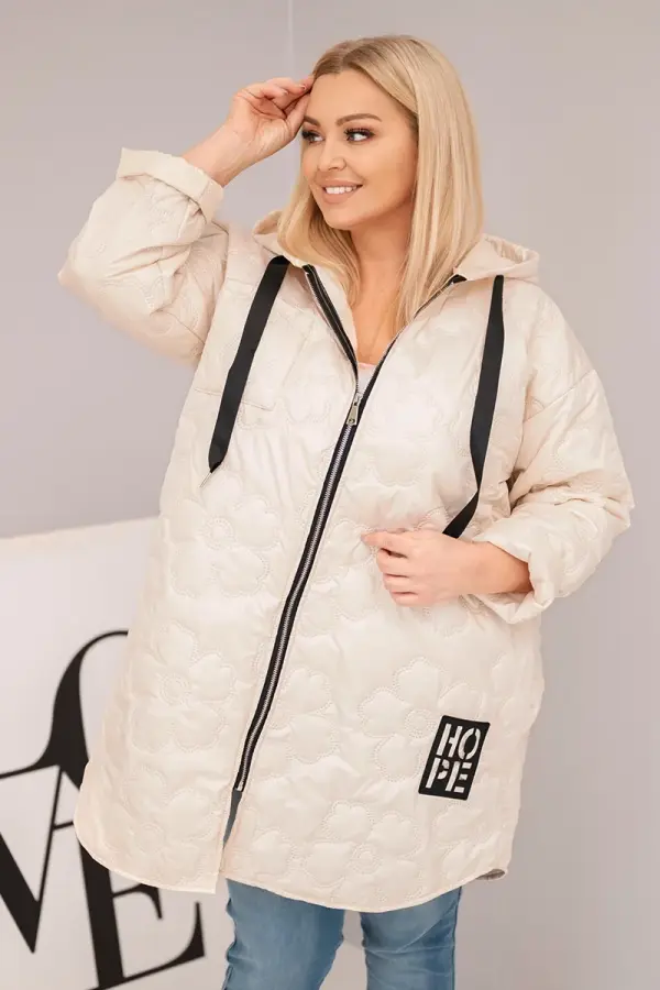 Kesi Włoski Kesi Włoski Plus Size women's quilted jacket with a hood and the inscription HOPE light beige