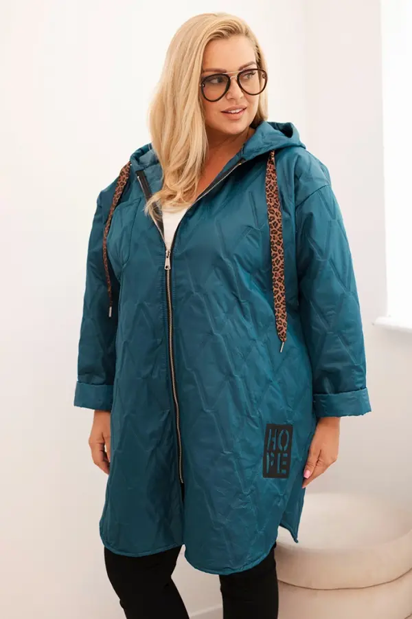 Kesi Włoski Kesi Włoski Plus Size women's quilted jacket with a hood and the inscription HOPE sea green