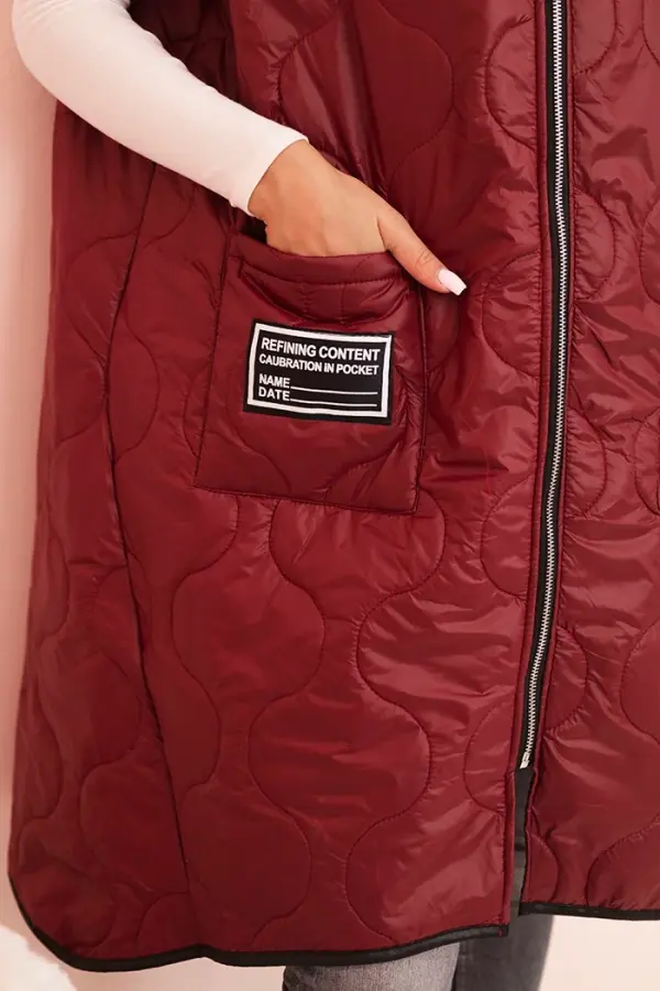 Kesi Włoski Kesi Włoski Plus Size women's quilted vest with a hood fastened with a zipper burgundy