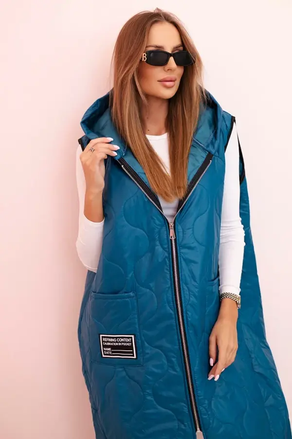 Kesi Włoski Kesi Włoski Plus Size women's quilted vest with a hood fastened with a zipper sea green
