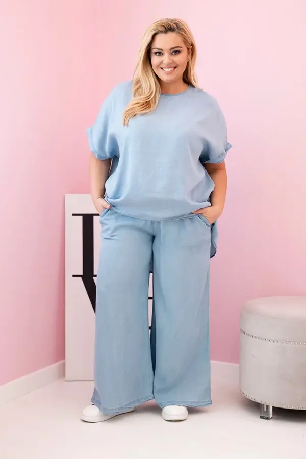 Kesi Włoski Kesi Włoski Plus Size women's set made of Tencel blouse and tie-waist pants light denim