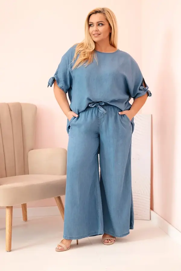 Kesi Włoski Kesi Włoski Plus Size women's set made of Tencel, tie-front blouse and wide-leg pants denim
