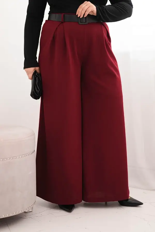 Kesi Włoski Kesi Włoski Plus Size women's trousers with wide legs and a belt burgundy