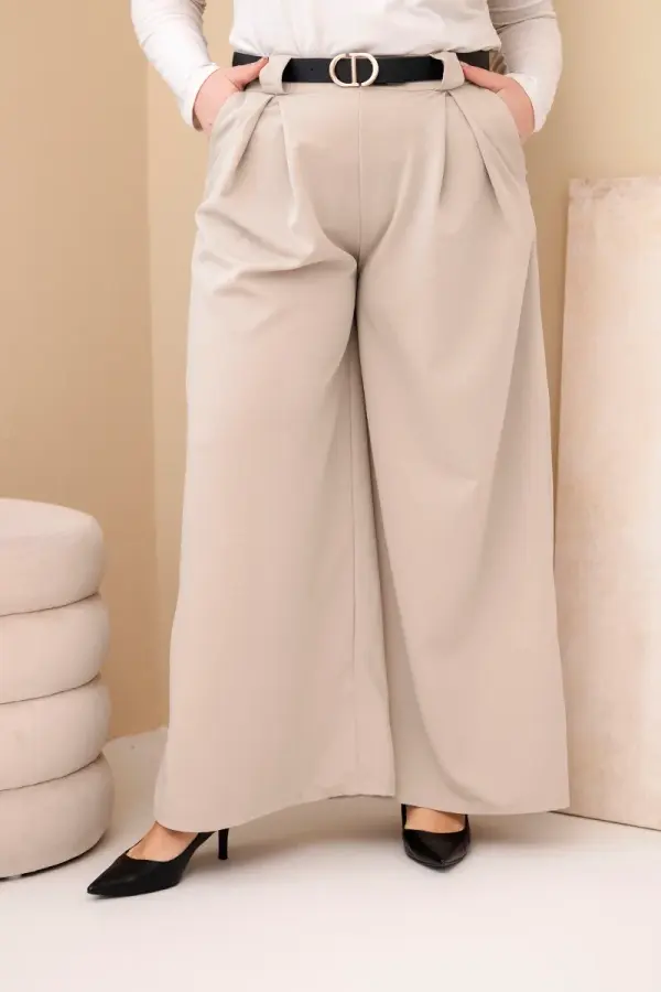 Kesi Włoski Kesi Włoski Plus Size women's viscose pants with wide legs and belt beige
