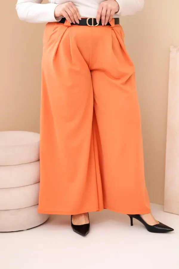 Kesi Włoski Kesi Włoski Plus Size women's viscose trousers with wide legs and a belt peach
