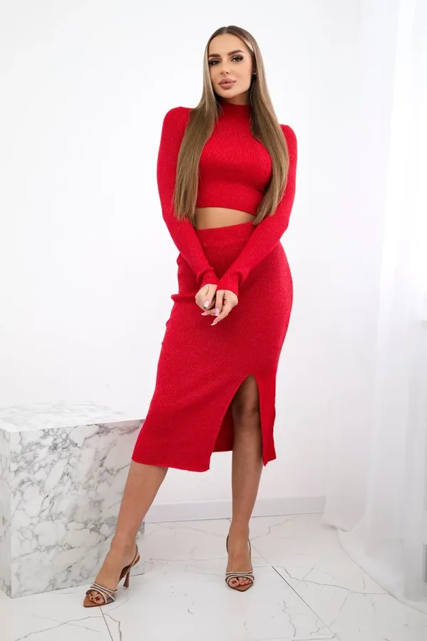 Kesi Włoski Kesi Włoski Ribbed Set Blouse + Skirt red