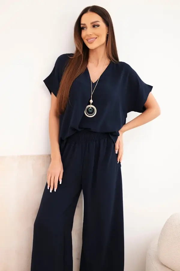 Kesi Włoski Kesi Włoski Set with necklace blouse + pants navy blue