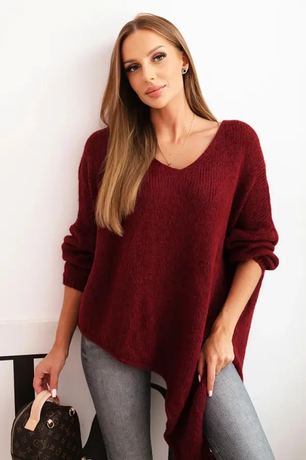 Kesi Włoski Kesi Włoski Women's asymmetrical wool sweater Plus Size with V-neck burgundy