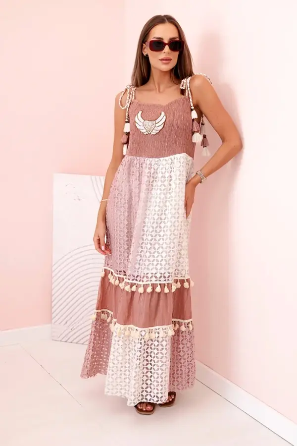 Kesi Włoski Kesi Włoski Women's boho dress with straps with embroidery and lace camel