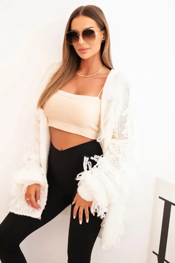 Kesi Włoski Kesi Włoski Women's cardigan with fringes and a loose fit ecru