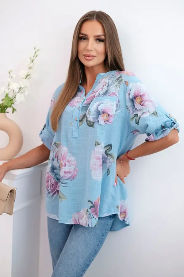 Kesi Włoski Kesi Włoski Women's cotton blouse with a floral pattern blue