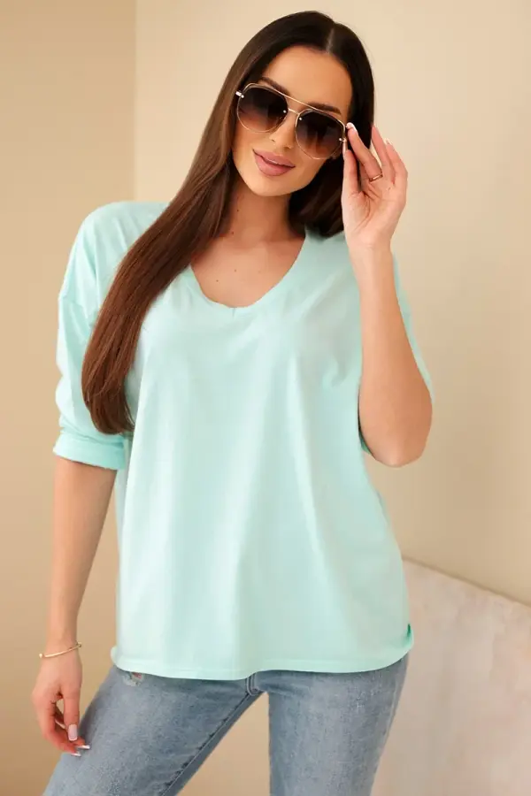 Kesi Włoski Kesi Włoski Women's cotton blouse with a V-neck and long sleeves mint