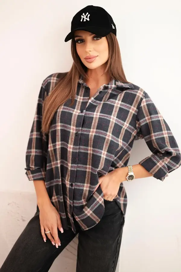 Kesi Włoski Kesi Włoski Women's cotton checkered shirt with a longer back graphite