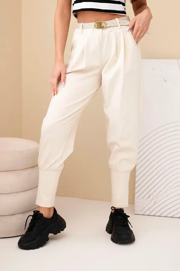 Kesi Włoski Kesi Włoski Women's cotton high-waisted pants with a belt beige
