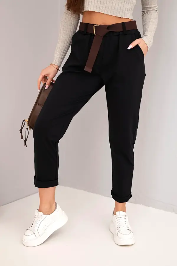 Kesi Włoski Kesi Włoski Women's cotton pants with a belt and rolled-up cuffs black