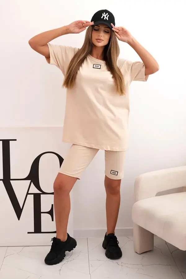 Kesi Włoski Kesi Włoski Women's cotton set with short sleeves and shorts beige