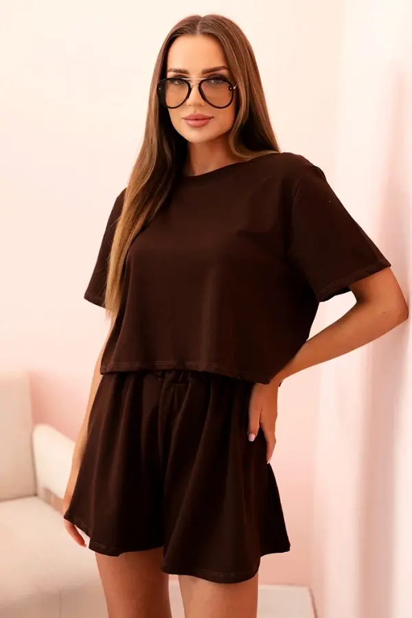 Kesi Włoski Kesi Włoski Women's cotton set with wide shorts brown