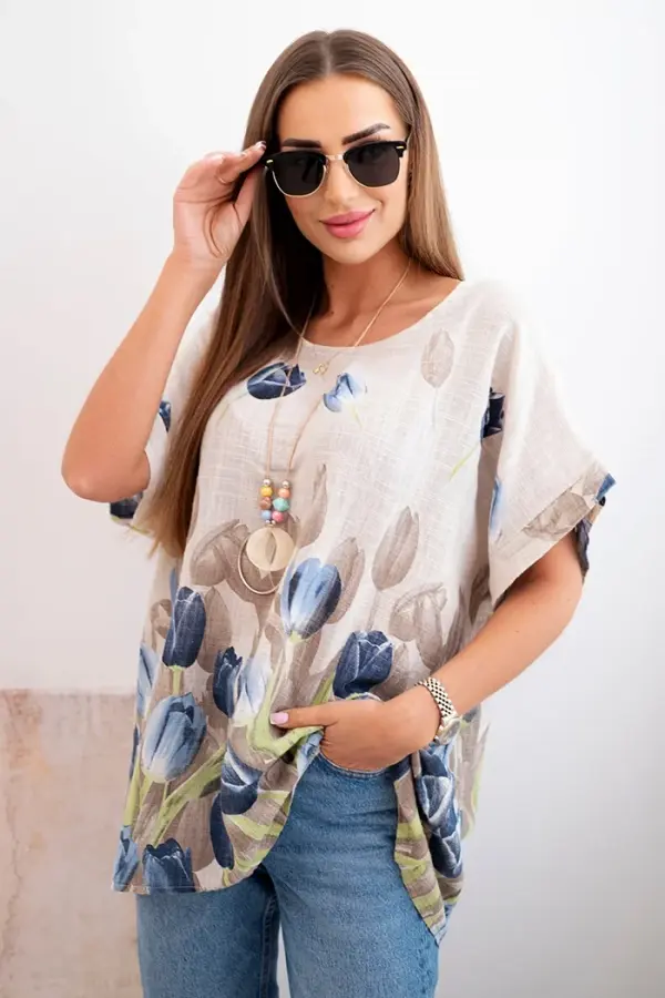 Kesi Włoski Kesi Włoski Women's cotton shirt with a floral pattern beige