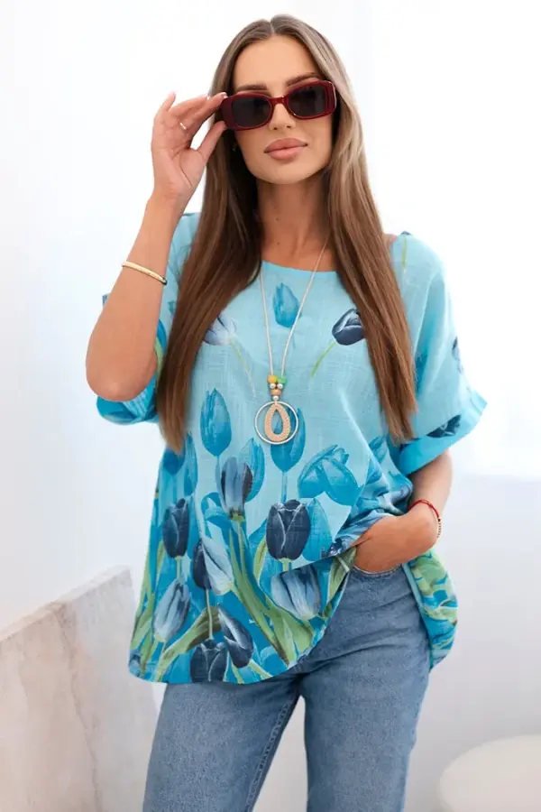 Kesi Włoski Kesi Włoski Women's cotton shirt with a floral pattern blue