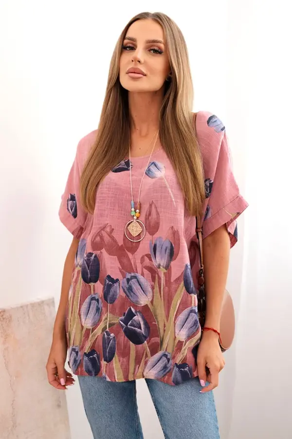 Kesi Włoski Kesi Włoski Women's cotton shirt with a floral pattern dark pink