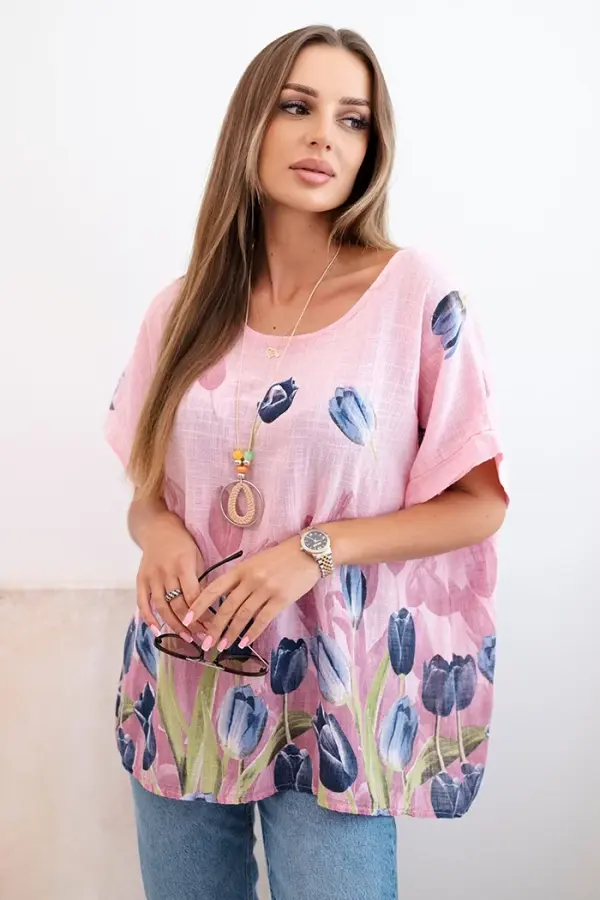 Kesi Włoski Kesi Włoski Women's cotton shirt with a floral pattern light pink