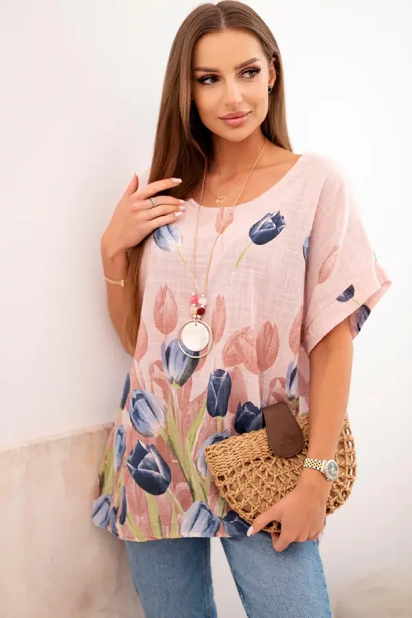 Kesi Włoski Kesi Włoski Women's cotton shirt with a floral pattern powder pink