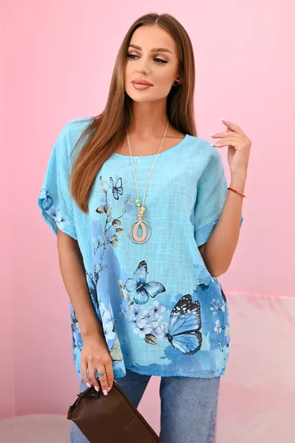 Kesi Włoski Kesi Włoski Women's cotton shirt with butterflies and flowers turquoise