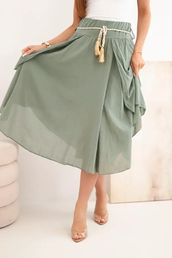 Kesi Włoski Kesi Włoski Women's cotton skirt with belt and ruffles khaki