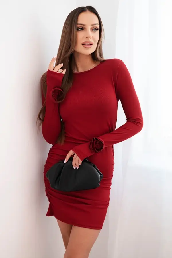 Kesi Włoski Kesi Włoski Women's dress made of viscose with gathering and flowers on the sleeves burgundy