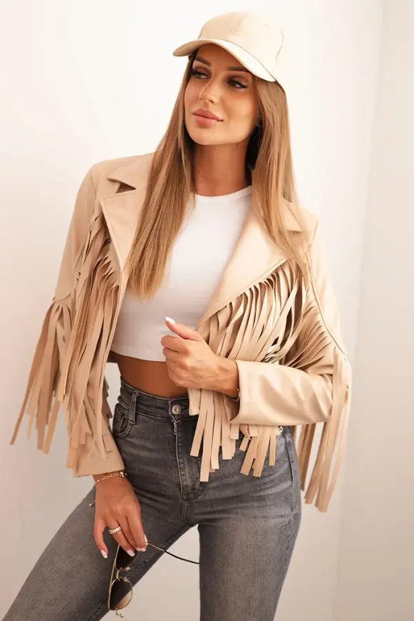 Kesi Włoski Kesi Włoski Women's faux leather jacket with fringes in boho style light camel