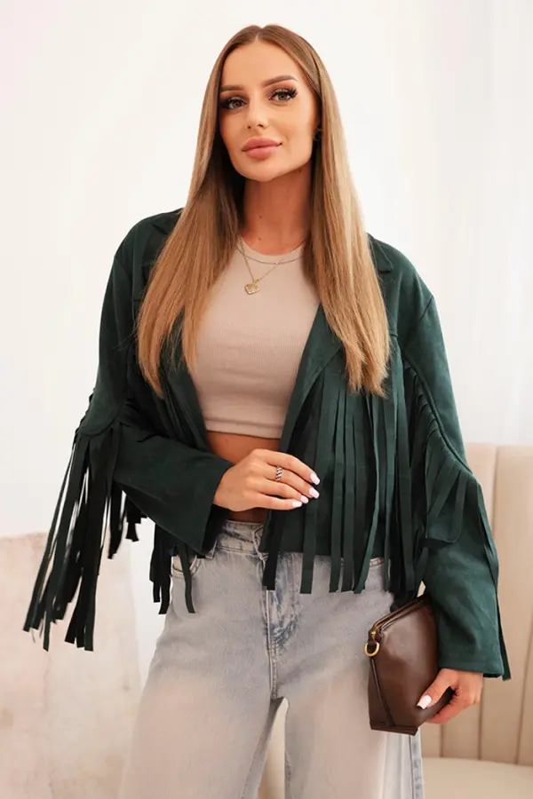 Kesi Włoski Kesi Włoski Women's jacket with fringes made of suede dark green