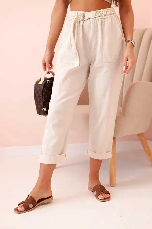 Kesi Włoski Kesi Włoski Women's linen cotton pants with a belt beige