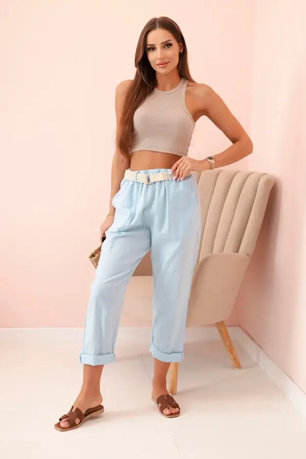 Kesi Włoski Kesi Włoski Women's linen cotton pants with a belt blue