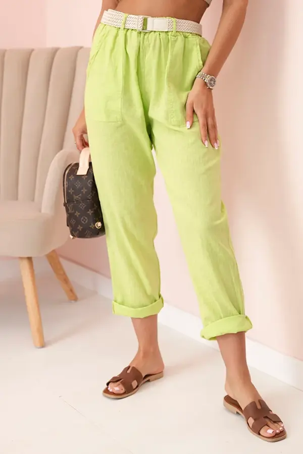 Kesi Włoski Kesi Włoski Women's linen cotton pants with a belt bright green