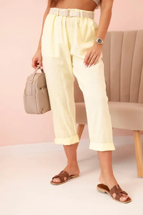 Kesi Włoski Kesi Włoski Women's linen cotton pants with a belt - yellow