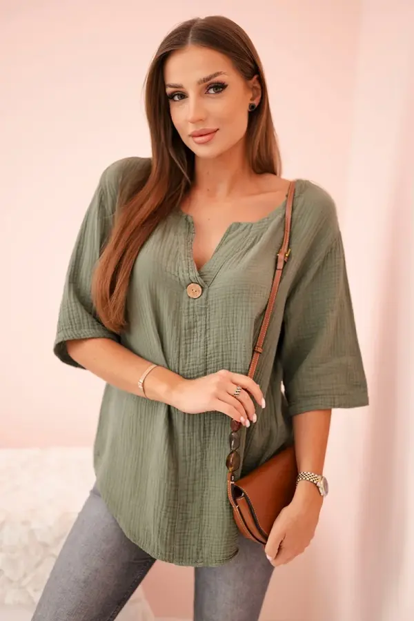 Kesi Włoski Kesi Włoski Women's muslin shirt with a button khaki
