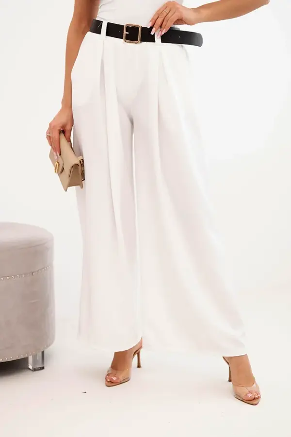 Kesi Włoski Kesi Włoski Women's pants with wide legs and a belt ecru
