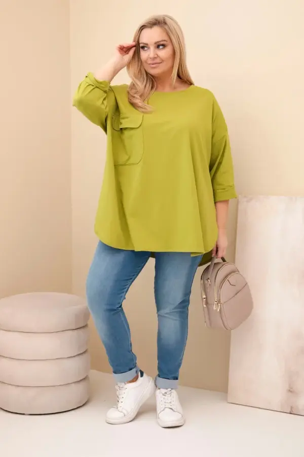 Kesi Włoski Kesi Włoski Women's Plus Size blouse with cotton, featuring a pocket and rolled sleeves olive green