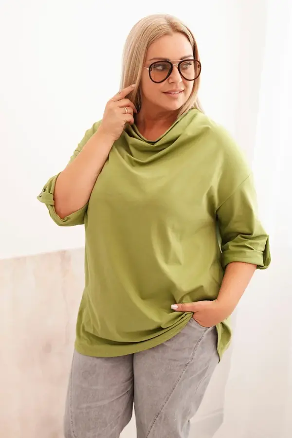 Kesi Włoski Kesi Włoski Women's Plus Size blouse with cotton in a loose fit with a water neckline olive fango