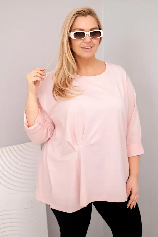 Kesi Włoski Kesi Włoski Women's plus size blouse with cotton, long sleeves, and ruching, dusty pink
