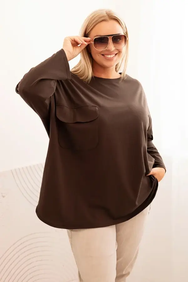 Kesi Włoski Kesi Włoski Women's Plus Size blouse with cotton, pocket, and rolled-up sleeve brown