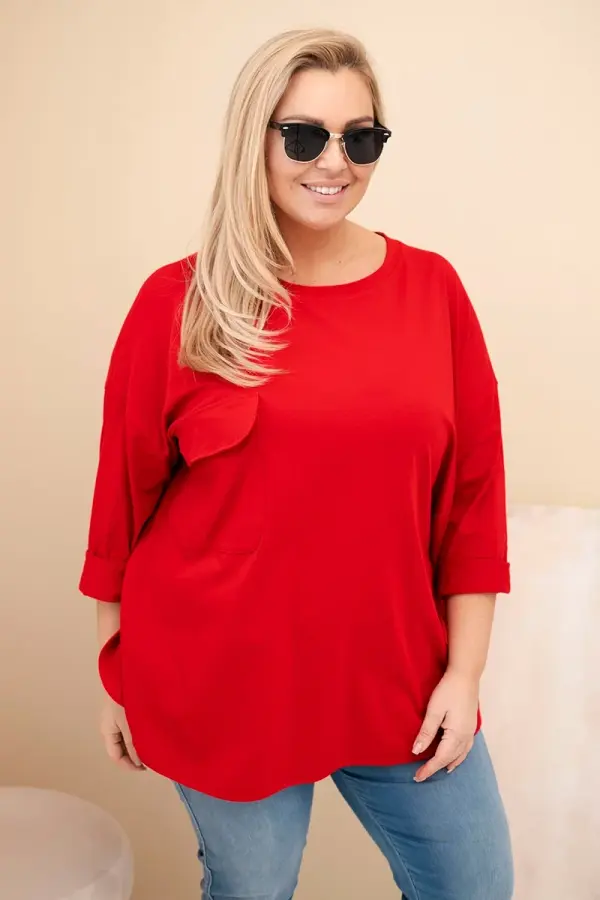 Kesi Włoski Kesi Włoski Women's Plus Size blouse with cotton, pocket, and rolled-up sleeve red