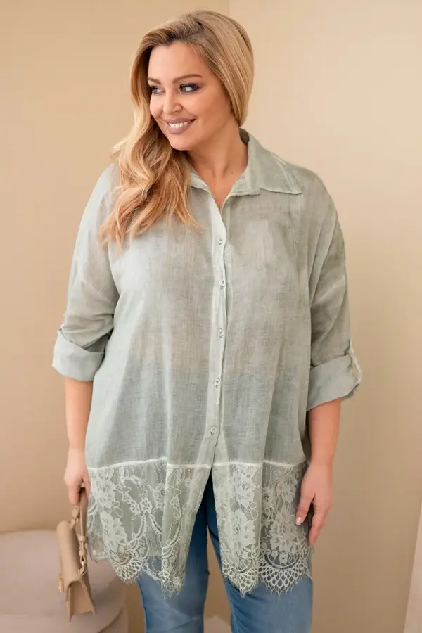 Kesi Włoski Kesi Włoski Women's Plus Size cotton faded shirt with lace finish khaki