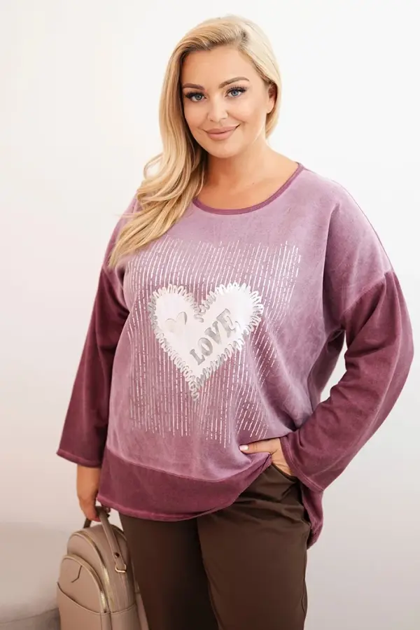 Kesi Włoski Kesi Włoski Women's Plus Size cotton sweatshirt with heart print and drawstrings dark pink