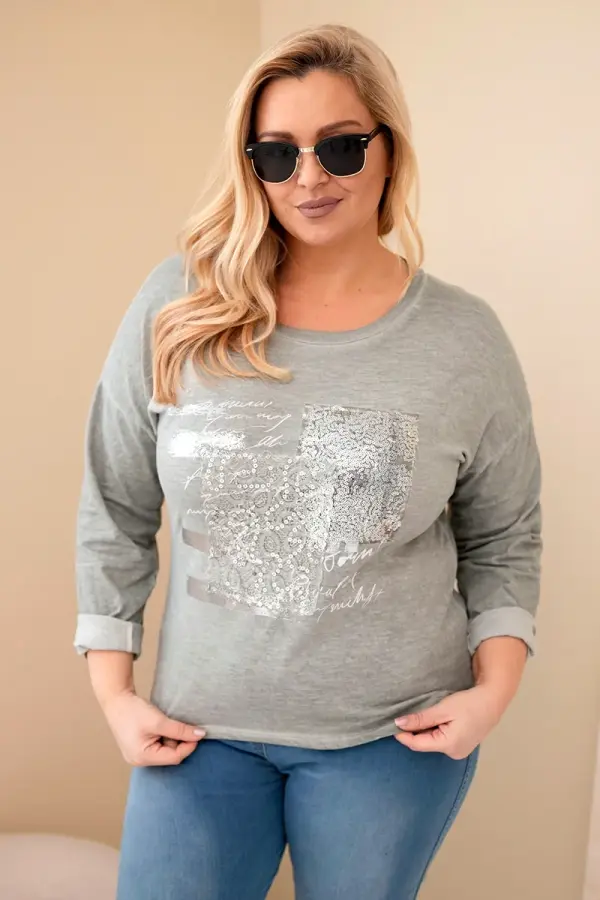 Kesi Włoski Kesi Włoski Women's Plus Size distressed blouse with print and longer back khaki