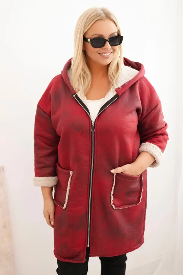 Kesi Włoski Kesi Włoski Women's Plus Size jacket with a hood and pockets insulated with fleece burgundy